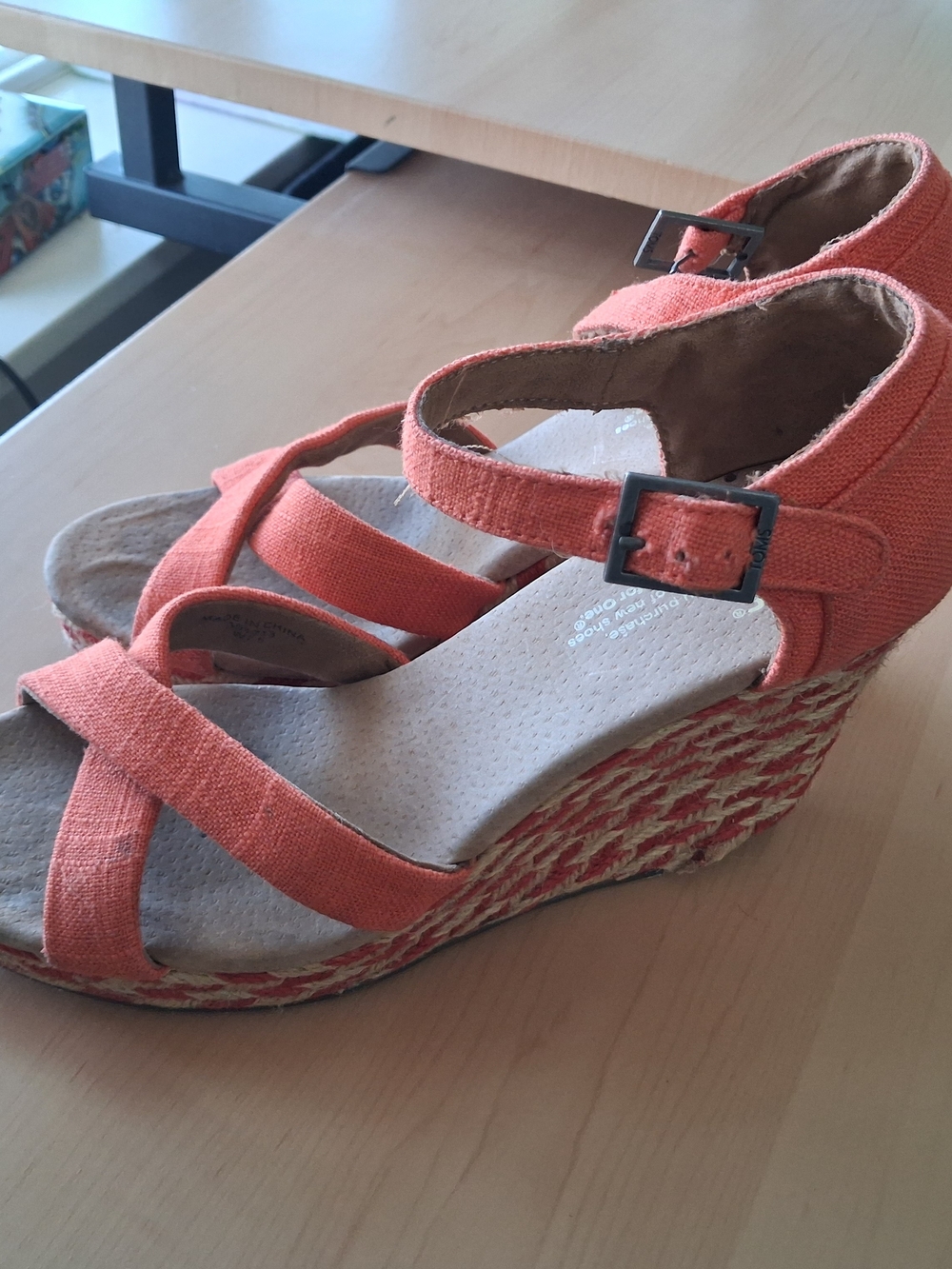Toms Orange Canvas Espadrille Wedge Sandals with Ankle Buckle